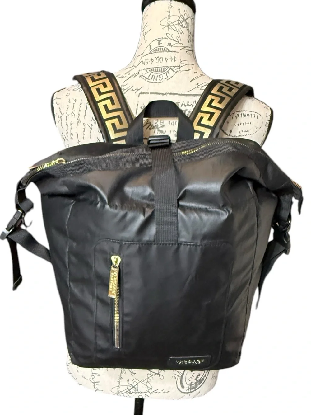 Versace Parfums Black Nylon Backpack with Gold Trim